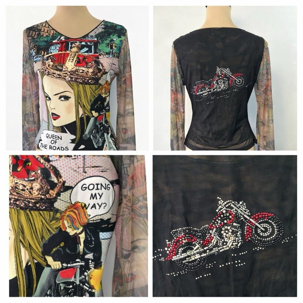 Authentic 90s Y2K Women Mesh‎ Pop Art Biker Tattoo Sleeve Shirt USA S / M Bling